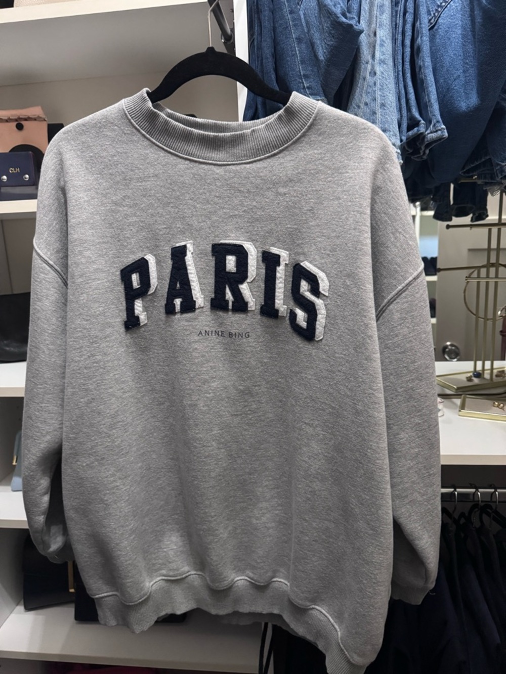 Anine Bing Gray Crewneck Sweatshirt with Navy & White 'PARIS' Embroidery